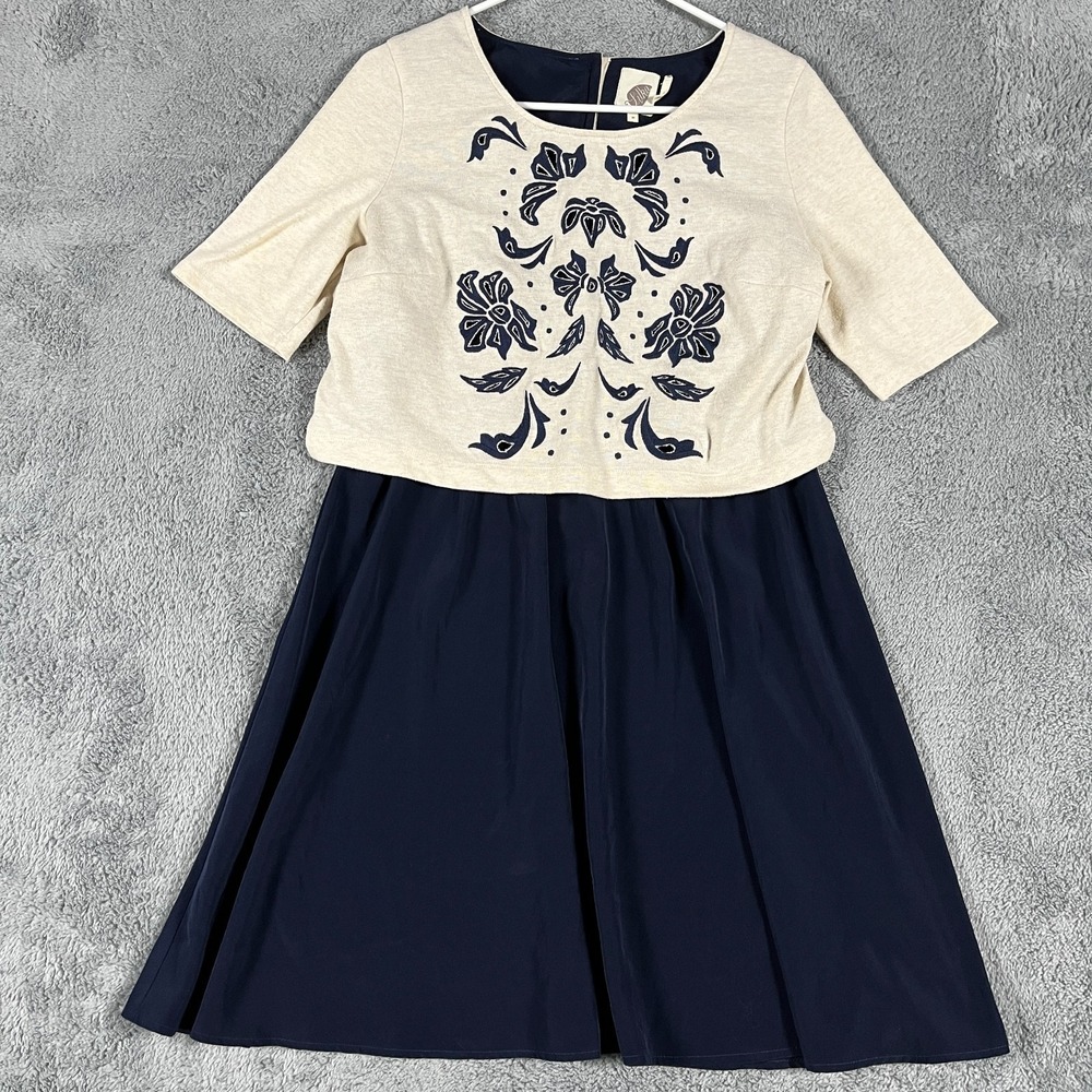 Lilka Anthropologie Fit & Flare Dress Womens M Blue Cream Colorblock Embroidered